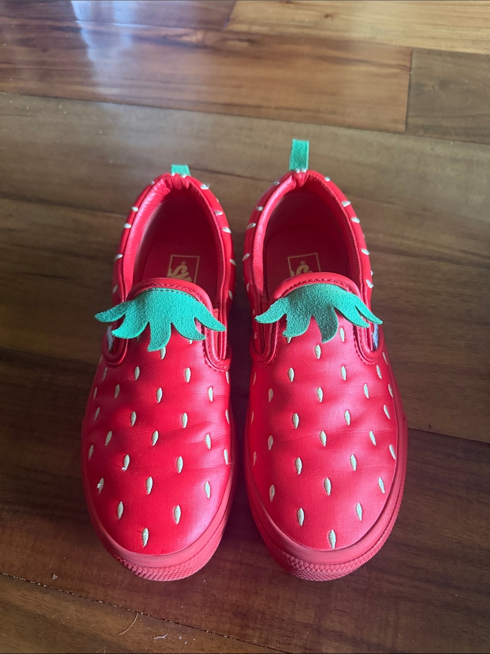 Vans Kids Red Strawberry Slip-On Sneakers with Green Leaf Trim